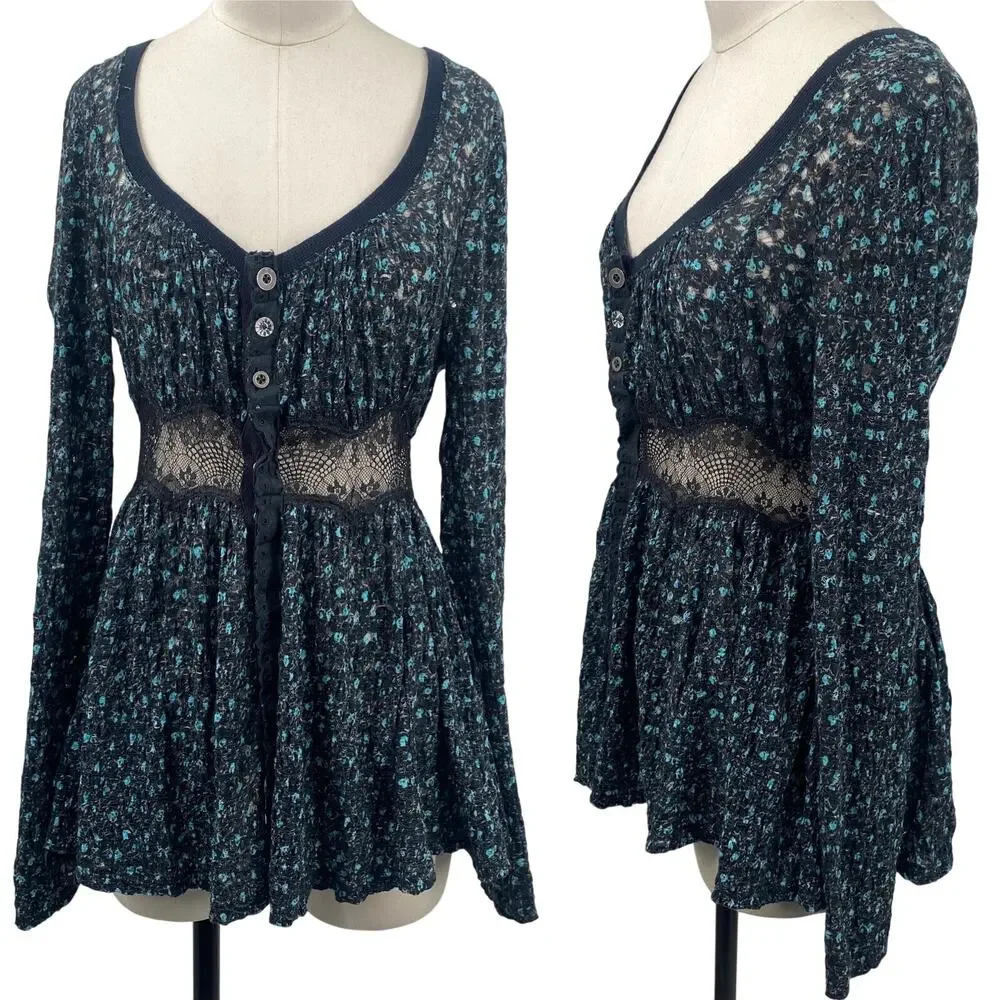 Free People Babydoll Lace Tunic Top Henley Cotton Printed Mixed Button Front S